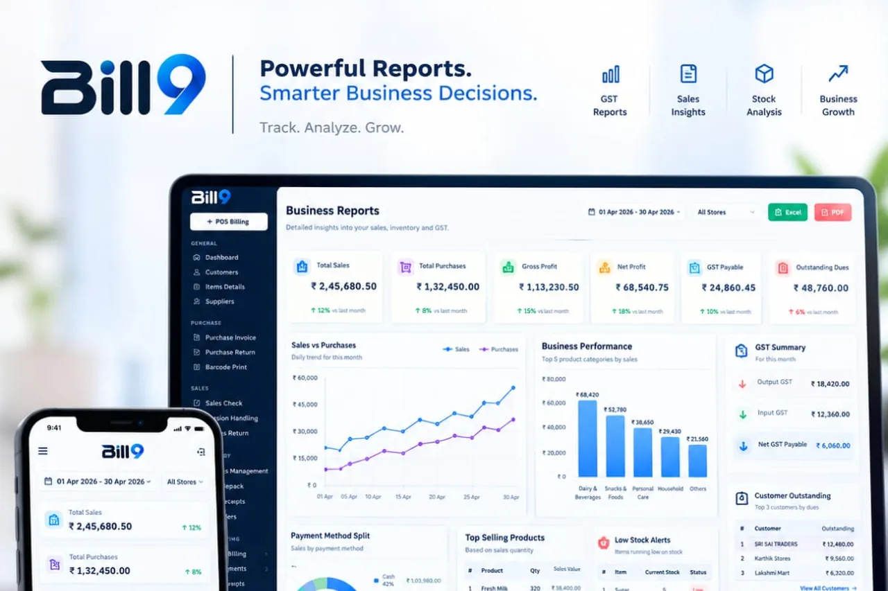 Bill9 business reports with sales charts on a laptop and a phone