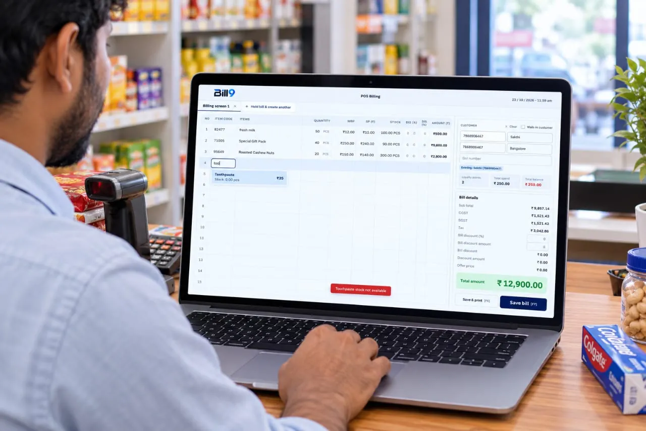 A shopkeeper billing on the Bill9 POS screen on a laptop at the counter