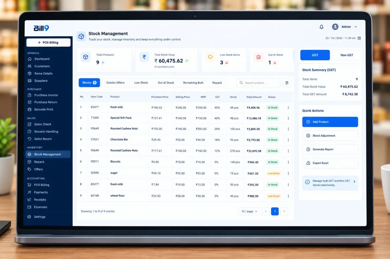 Bill9 Stock Management screen with GST and Non-GST stock summaries