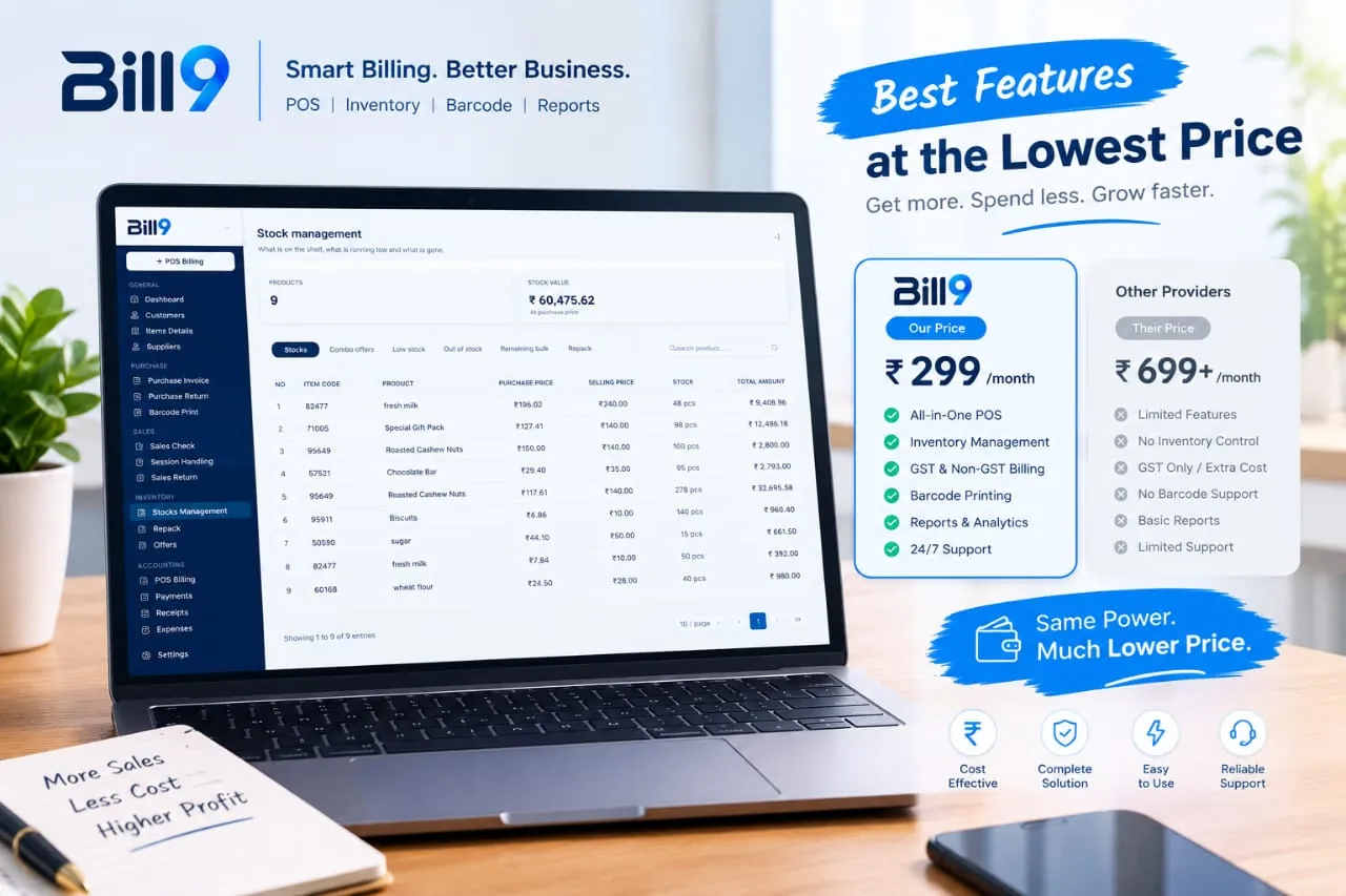 Bill9 pricing from ₹299 a month compared with other providers